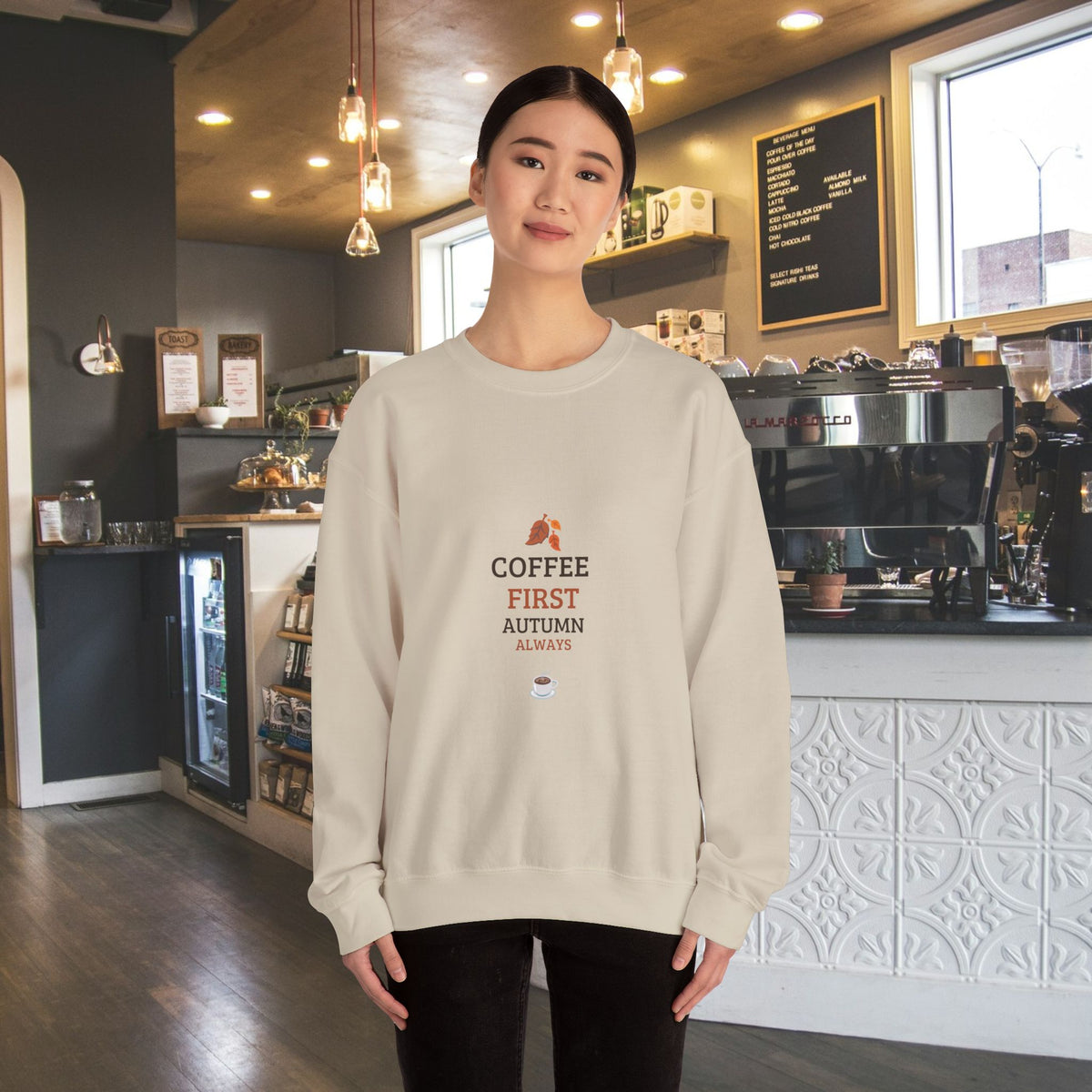 Coffee First Autumn Crewneck Sweatshirt — "Coffee First, Autumn Always" Cozy Fall Pullover