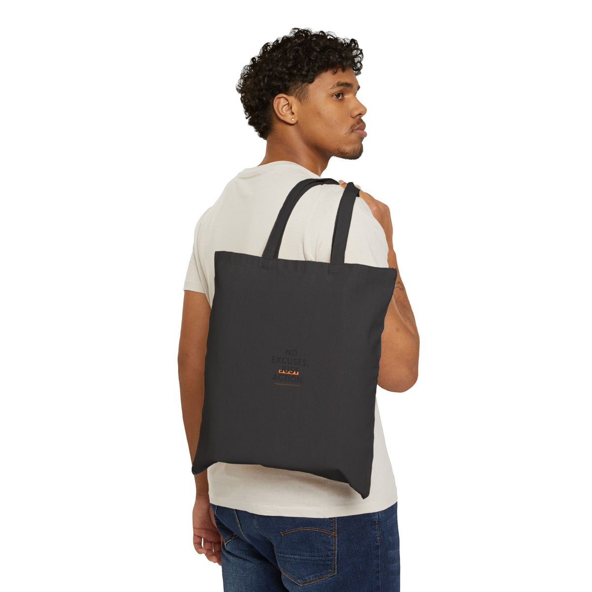 No Excuses Just Action Cotton Tote Bag — Motivational Canvas Shopper